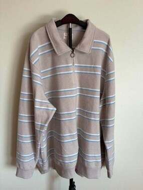 Mutual Weave Sweater Mens 4XL Beige Striped Long Sleeve Ribbed Hem Cuffs